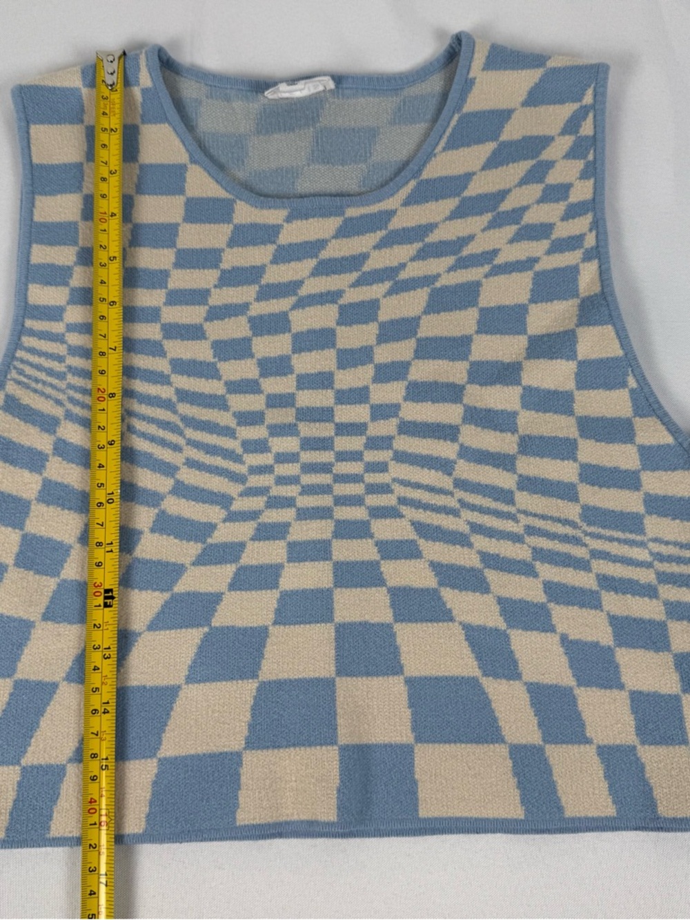 Lelis Checkered Knit Tank Top Blue Cream Optical Illusion Crop Sweater Vest - Picture 8 of 10